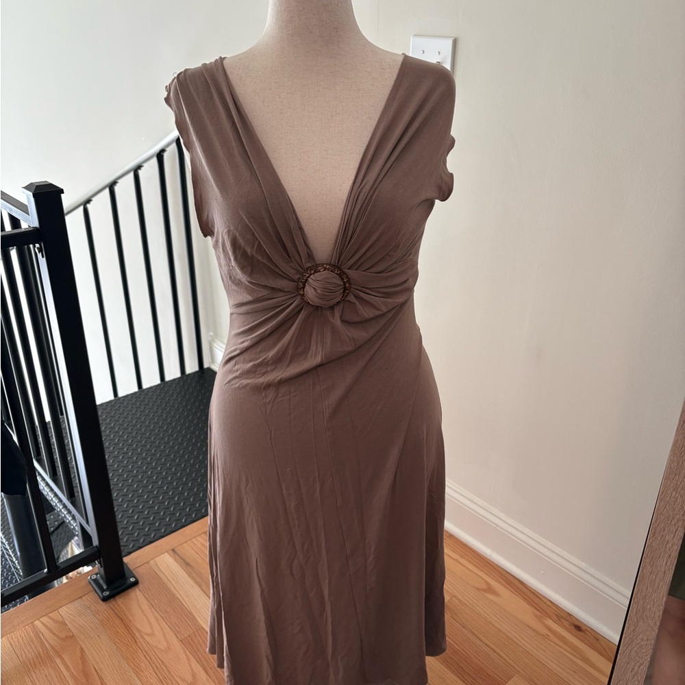 BCBGMaxAzria Brown Ruched Sheath Dress Plunge Neckline